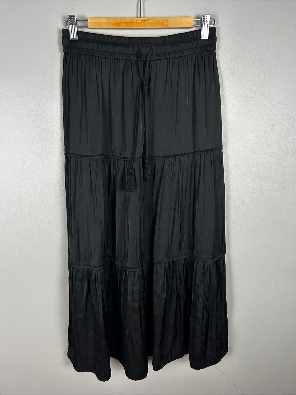 JOIE Tiered Satin Midi Skirt Black Small Chic Classic Contemporary Minimal Boho